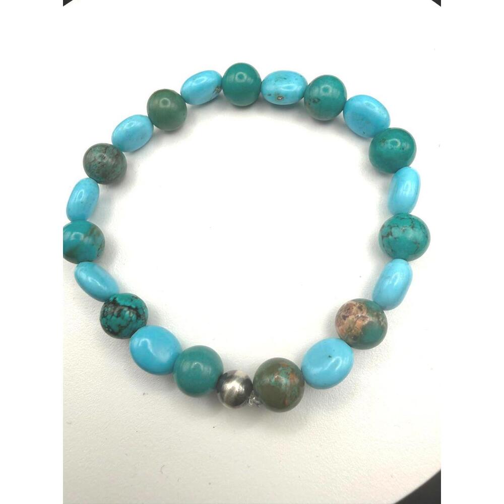 Sleeping Beauty & Lone Mountain Turquoise Stretch Bracelet Sterling Silver Bead